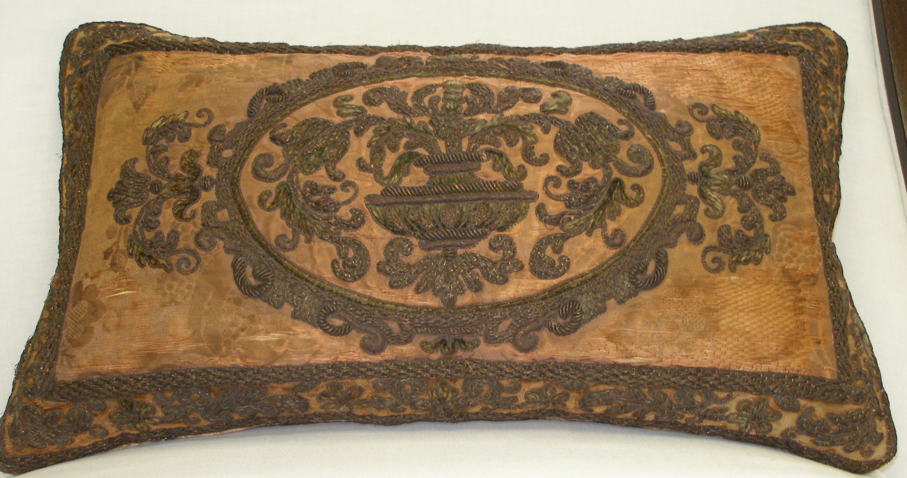 Antique Velvet Pillow Metallic Embroidery Urns 18th century
