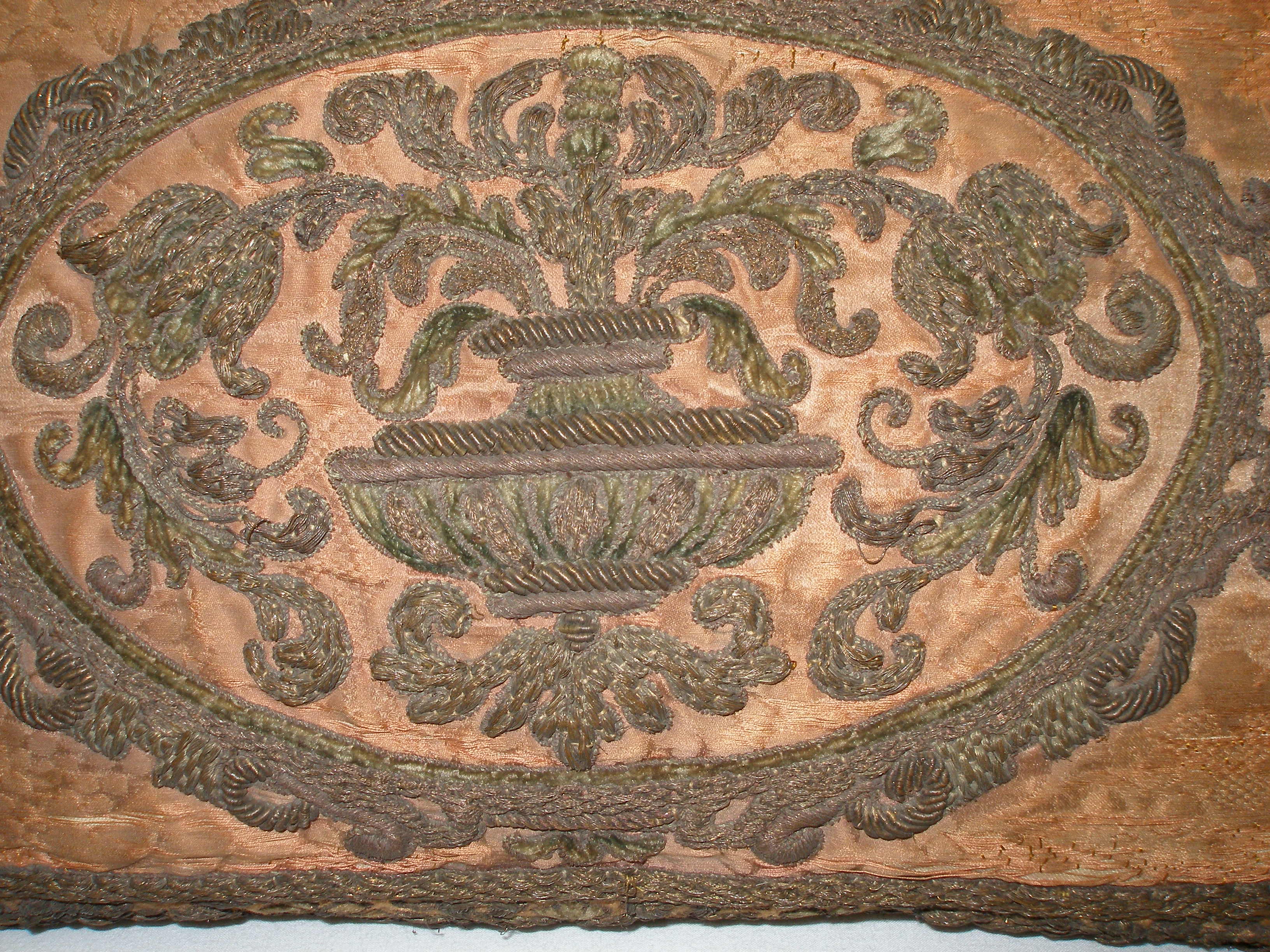 Antique Velvet Pillow Metallic Embroidery Urns 18th century close